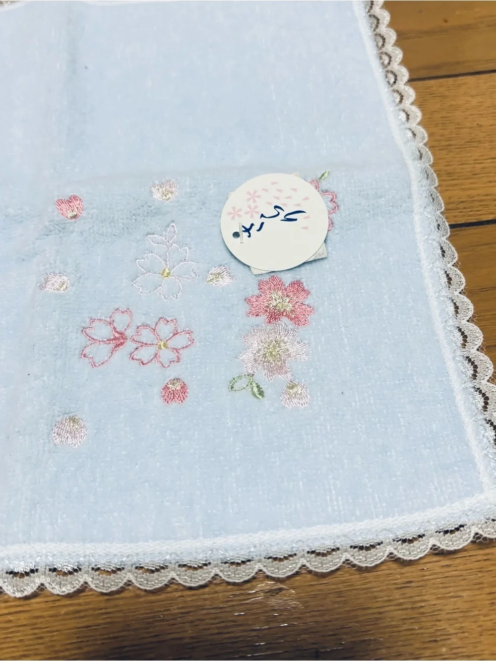 Light Blue w/ Pink Flowers Embroidered Lace border Pocket Hand Towel 27cm/11”